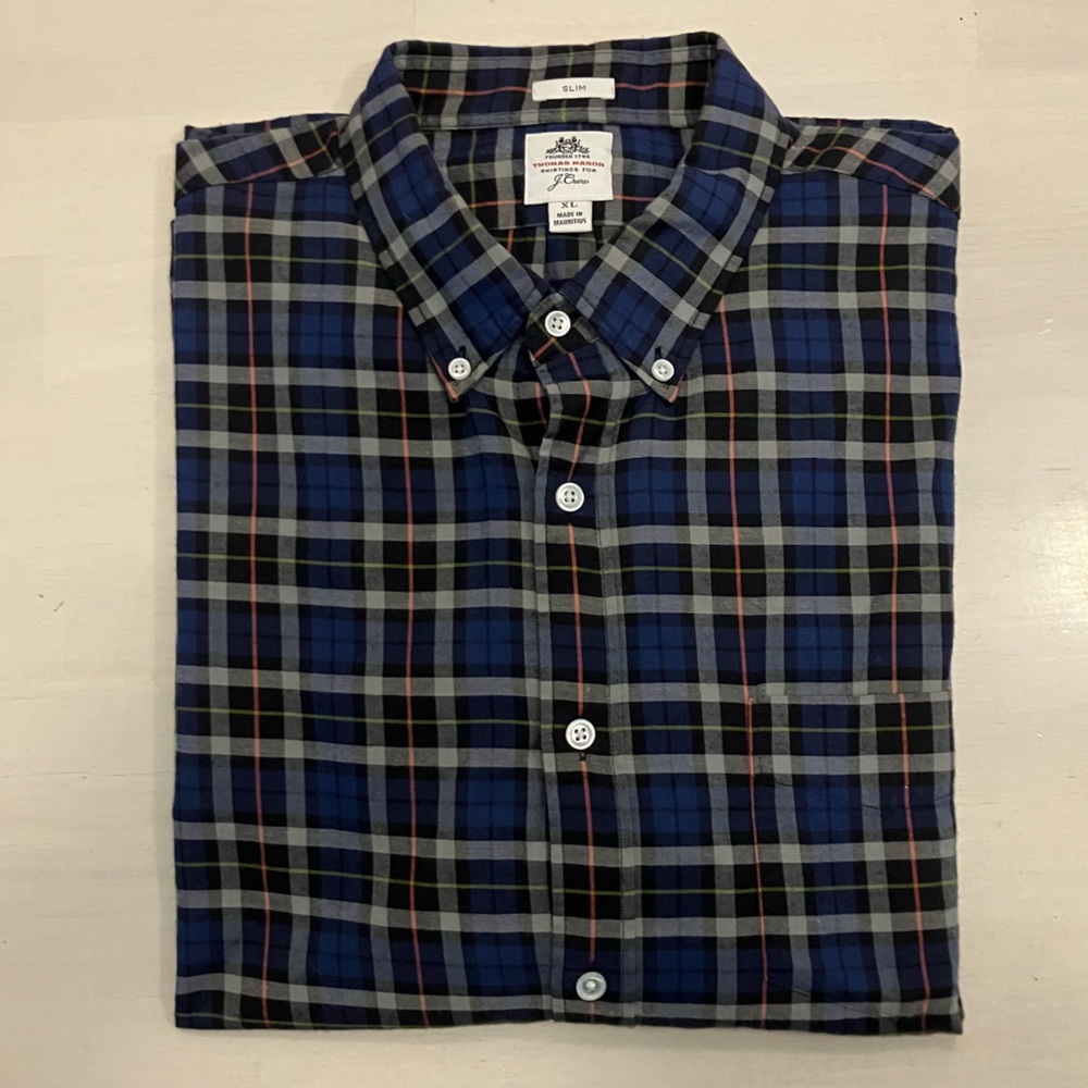 Thomas Mason x J. Crew, Blue Plaid Men's Shirt, sz XL